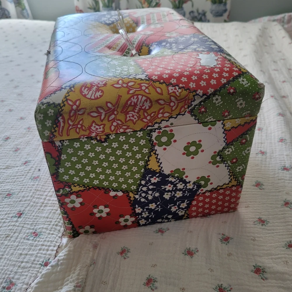 Vintage 1970's Patchwork Floral Sewing Train Case Storage Faux Quilted